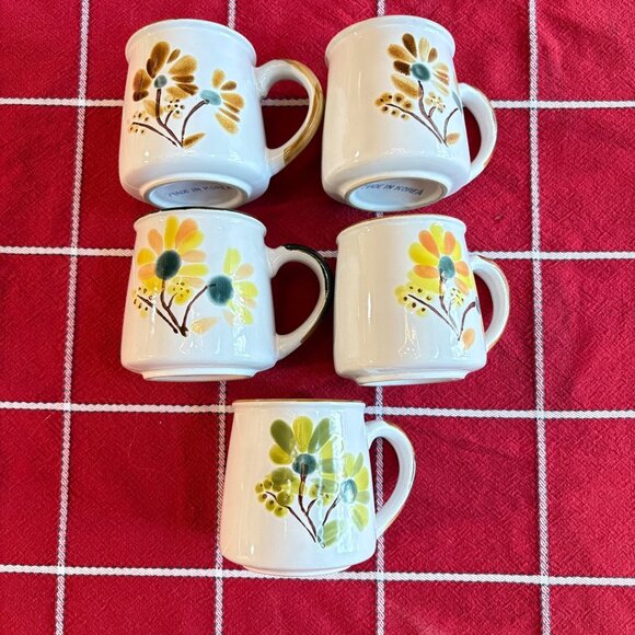 Vintage Hand Painted Floral Coffee Mugs Set of 5 Made in Korea Mid Century Style - Picture 1 of 7
